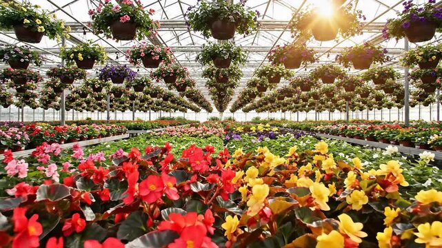 Vibrant, blooming flowers fill a large, sunny commercial glasshouse structure for horticulture business.
