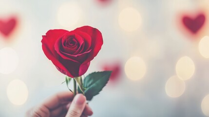 Hand holding a heart-shaped red rose, a romantic gesture against a soft bokeh light background.