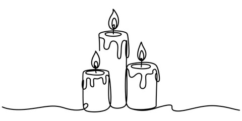 Continuous line drawing of three candles isolated on transparent background, isolated on white background, Vector, illustration