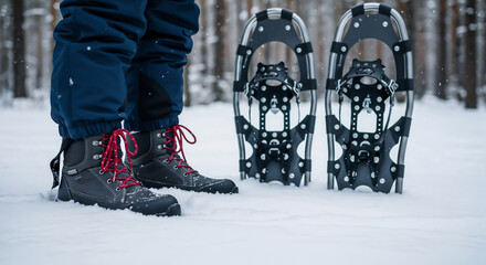 Snow boots and snowshoes in forest symbolizing winter readiness