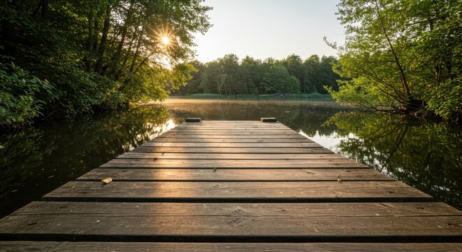 Wooden pier extends into calm water surrounded by dense green forest at sunrise