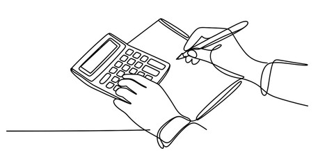 Continuous line drawing of hands with calculator and pen isolated on transparent background, isolated on white background, Vector, illustration