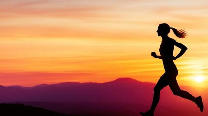 Active woman running silhouette at vibrant sunset/sunrise over mountains, representing fitness, health, and freedom.