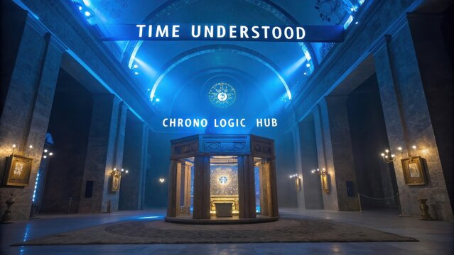 Futuristic exhibition space with glowing lights, intricate architecture, and a central display showcasing time and technology concepts