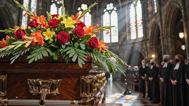 Elegant wood coffin adorned with vibrant floral arrangement inside a cathedral with clergy members, concept for memorial service, funeral tribute and remembrance ceremony