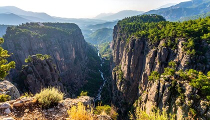 Deep canyon with river winding through, framed by towering cliffs, green trees