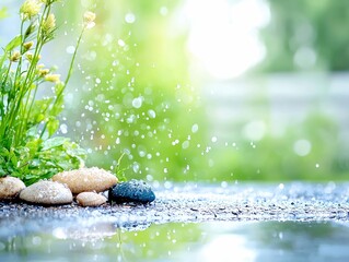 Water droplets fall on smooth stones and lush green foliage, creating a serene and refreshing natural scene with soft, blurred bokeh lights in the background.