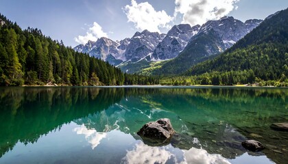 A serene lake, reflecting vibrant trees and snow-capped mountains under a partially cloudy sky. A few rocks dot the clear water