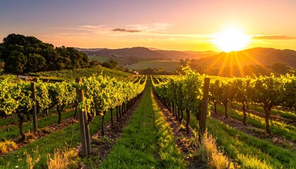 Naklejka premium A scenic view captures rows of grapevines bathed in golden sunlight. Rolling hills and a bright sun grace the horizon. Lush landscape