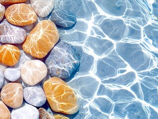 A collection of smooth, rounded pebbles in various colors are partially submerged in clear blue water, with sunlight creating bright, shimmering patterns on the