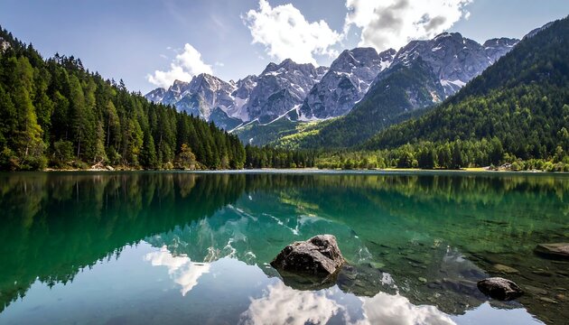A serene lake, reflecting vibrant trees and snow-capped mountains under a partially cloudy sky. A few rocks dot the clear water