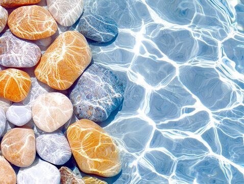 A collection of smooth, rounded pebbles in various colors are partially submerged in clear blue water, with sunlight creating bright, shimmering patterns on the