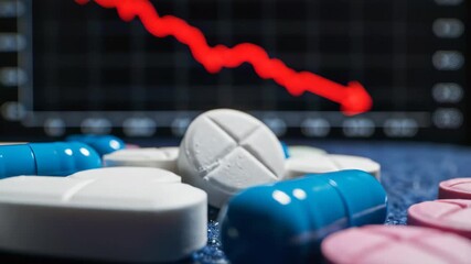 Macro shot of assorted pills with declining stock market graph in backdrop on blue textured surface, concept for pharmaceutical industry downturn, healthcare cost crisis and economic recession in - Powered by Adobe