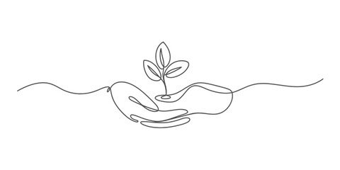 Continuous line art: hands nurturing a plant isolated on transparent background, isolated on white background, Vector, illustration