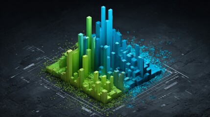 Visual Representation of Data Analysis with Colorful 3D Bar Graph on Dark Background for Modern Business Insights and Analytics Presentation