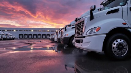 Fleet of pristine white semi-trucks parked at a distribution center with vibrant sunset reflection, concept for supply chain logistics, transportation solutions and freight management