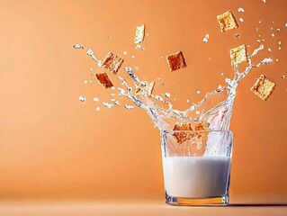 Square crackers are captured mid-air, splashing out of a glass filled with milk, against a solid orange background.