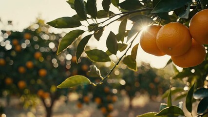 Golden sun flares illuminate fresh ripe oranges hanging on grove trees. - Powered by Adobe