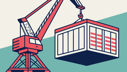 Abstract illustration of crane lifting cargo container, showcasing industrial design and vibrant colors