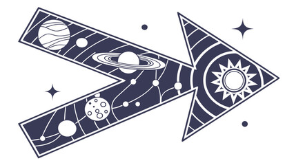 Abstract image of arrow featuring celestial bodies and stars, conveying sense of cosmic direction and exploration