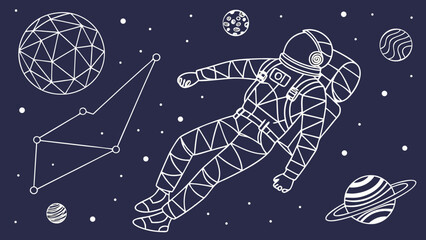 Abstract image of astronaut floating in space surrounded by planets and stars, evoking sense of wonder and exploration