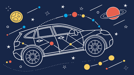 Abstract image of car in starry space theme, featuring planets and stars, creating whimsical atmosphere