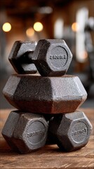 A close-up shot of a stack of vintage cast iron dumbbells, with the weight clearly marked on each one.