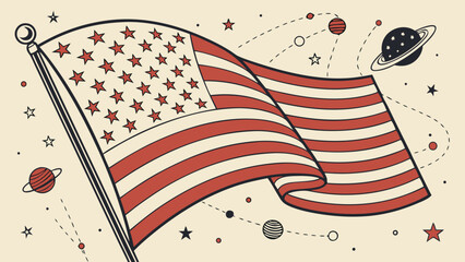 Abstract image of flag with stars and stripes, surrounded by planets and stars, evokes sense of wonder and patriotism