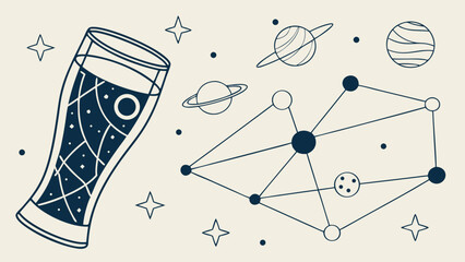 Whimsical illustration featuring glass of beer alongside cosmic scene with planets and stars, evoking sense of fun