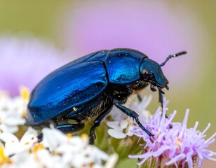 A close-up shot of a metallic blue beetle perched on flowers