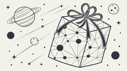 Abstract image of gift with bow surrounded by stars and planets, evoking sense of wonder and imagination