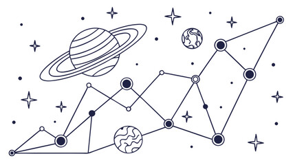 Abstract image of growth chart form of cosmic scene featuring planets, stars, and connecting lines, evoking sense