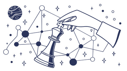 Hand gracefully holds chess king piece against cosmic background, symbolizing strategy and universe vastness