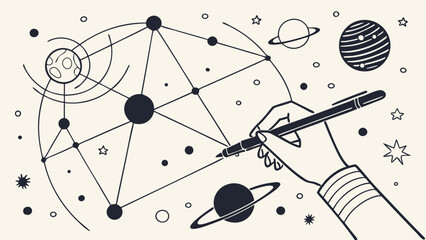 Hand drawing cosmic scene with planets, stars, and geometric shapes, evoking creativity and imagination