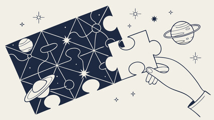 Hand holds puzzle piece against cosmic background featuring planets and stars, symbolizing creativity and exploration
