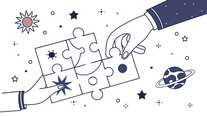 Hands collect puzzle pieces in cosmic theme, showcasing collaboration and creativity in whimsical design