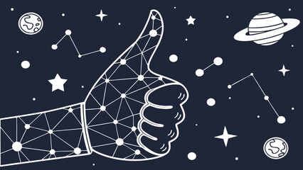 Abstract image of hand giving thumbs up, featuring cosmic background with stars, planets, and constellations, conveying