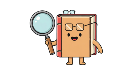 Cartoon Book Character with Magnifying Glass A Fun Educational Illustration.