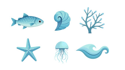 Fototapeta premium Collection of six stylized marine life illustrations including a fish, shell, coral, starfish, jellyfish, and wave.