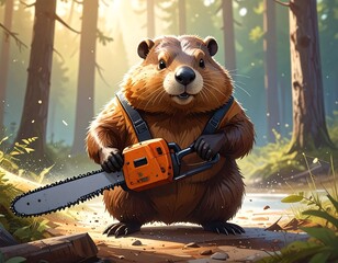 A cartoon beaver proudly stands holding an orange chainsaw in a forest
