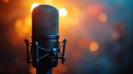 Close-up studio microphone, mesh head, bathed in warm bokeh lighting