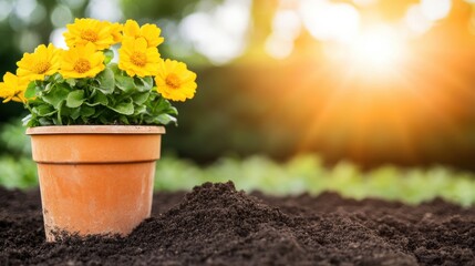 Vibrant yellow potted flowers on fertile soil, bathed in warm sunlight, ready for spring gardening and growth.