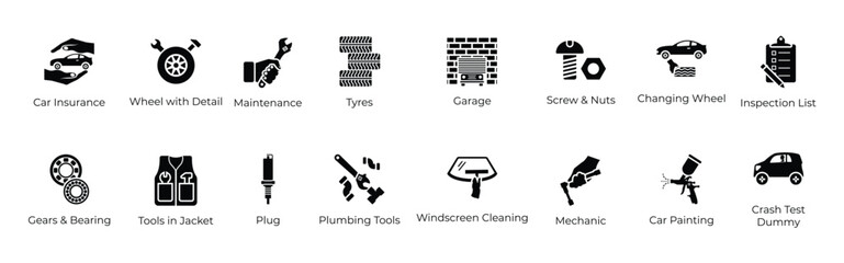 automobile parts and repair car services solid icons 