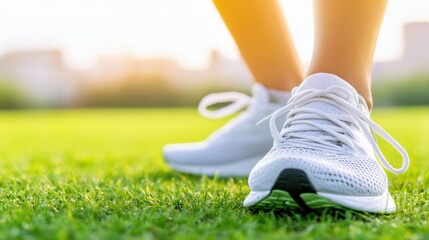 White athletic shoes on green grass with bright sun. Outdoor fitness, running, or walking concept.