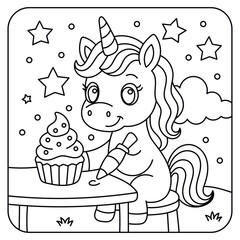 Cute Unicorn Decorating a Cupcake – Kids Coloring Page Line Art Illustration