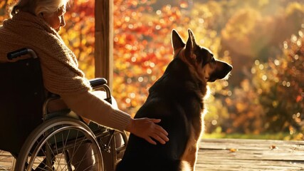 Elderly woman in wheelchair on wooden porch gently petting German Shepherd dog with autumn foliage, concept for companionship therapy, senior support and peaceful retirement scenery