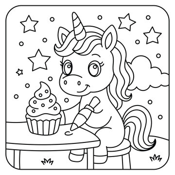Cute Unicorn Decorating a Cupcake &ndash; Kids Coloring Page Line Art Illustration