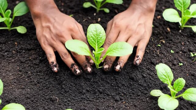 Dark skin hands gently planting small green seedling into rich fertile soil.