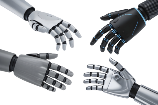 Four different type robotic hands, sleek robot hands, technology hands set