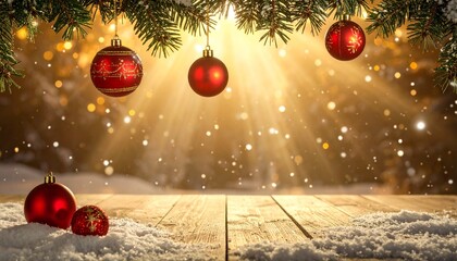 A set of shiny red ornaments hanging from evergreen branches with glowing sunlight and falling snowflakes illuminating the snowy ground. Perfect holiday background for greeting cards, banners.